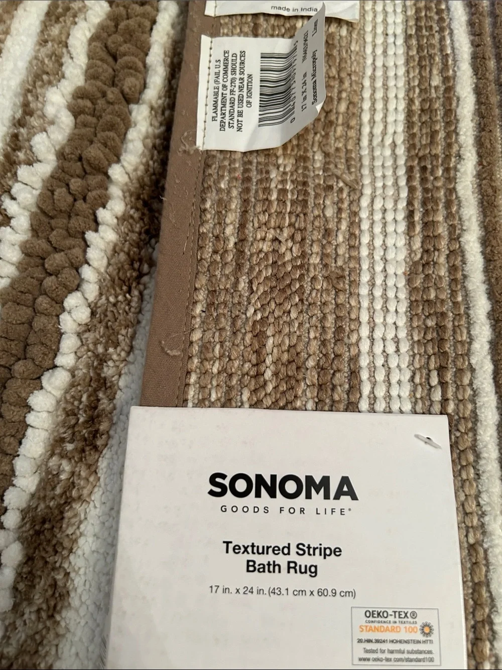 Sonoma Tan Brown & White  Striped Textured Bath Rug Matt NEW 17